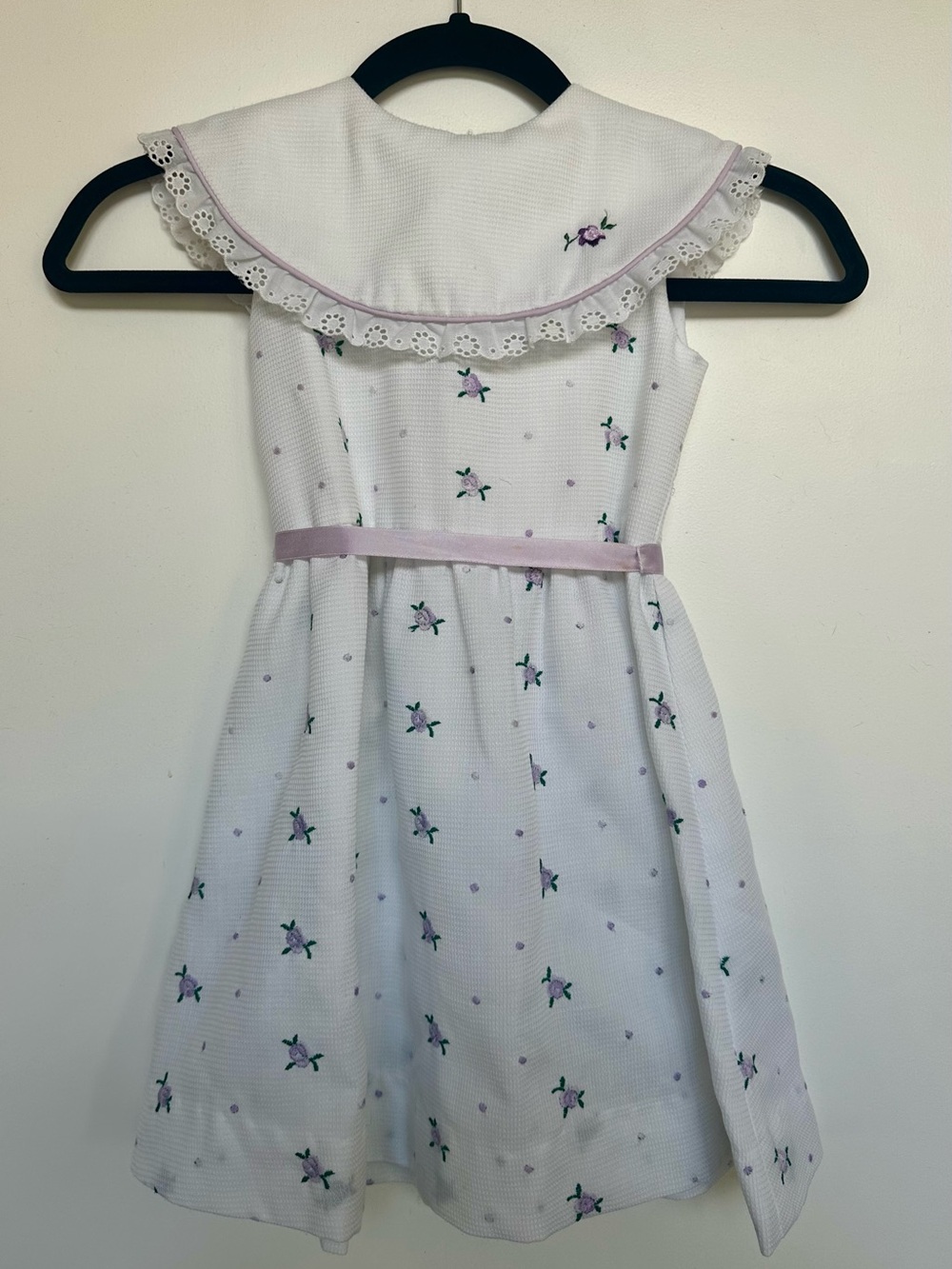 Nicole White Dress with Lilac Floral Embroidery and Lilac Ribbon